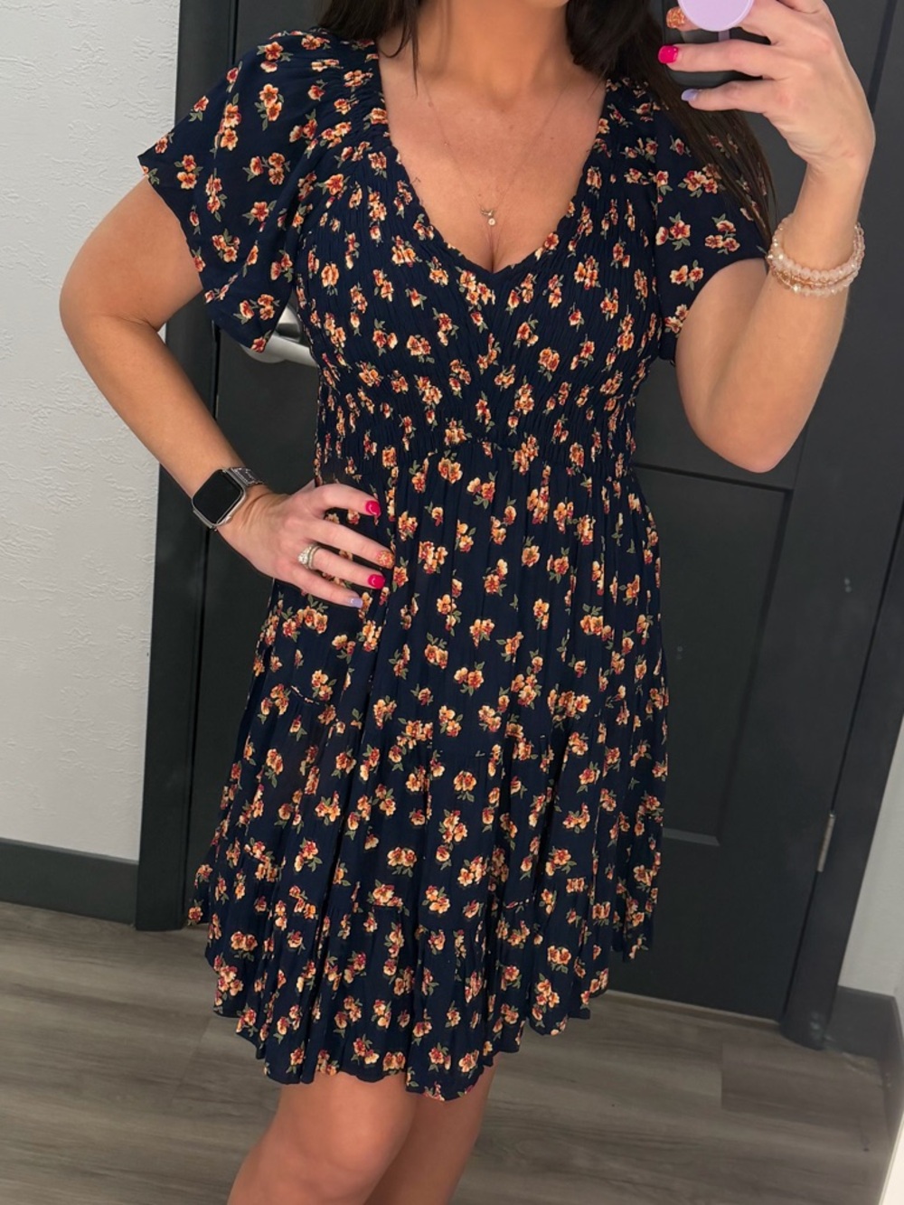 Floral Navy Short Sleeve V-Neck Mini Dress